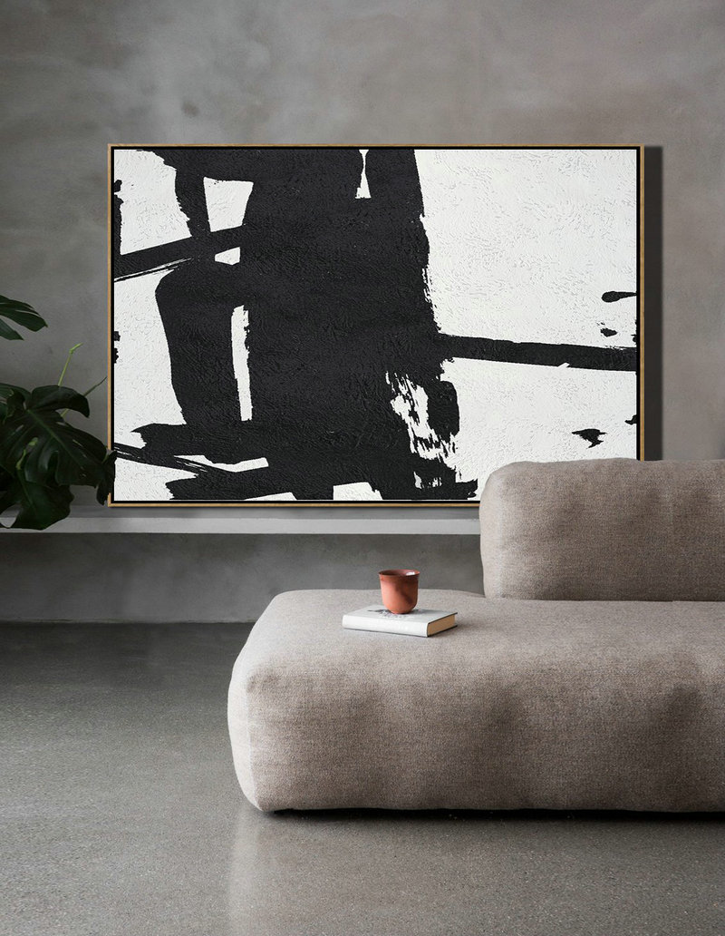 Large Colorful Wall Art,Horizontal Minimal Painting On Canvas, Black, White, Grey - Textured Painting Canvas Art